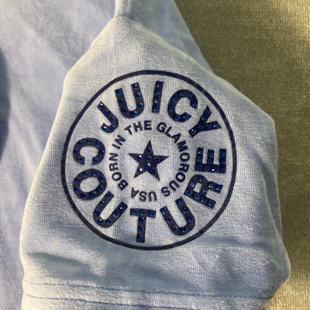 Juicy Couture Velour Short Sleeve Hoodie Blue Rhinestone Logo Zip Up Small - Picture 4 of 8